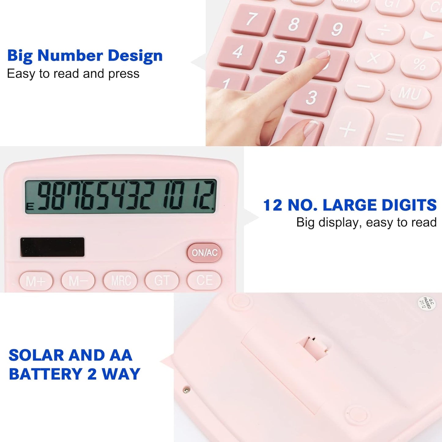 Desk Calculator, Envysun 12-Digit LCD Display Office Calculator – Dual Power, Compact and Lightweight, Easy-to-Read Display, Durable for Business, School, and Home (Pink)