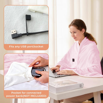 JOLLYVOGUE USB Heated Blanket Throw, Wearable & Portable Heating Electric Blanket for Adults, 3 Levels & 8 Heating Zone Shawl for Indoor & Outdoor, Pink (Battery Not Included)