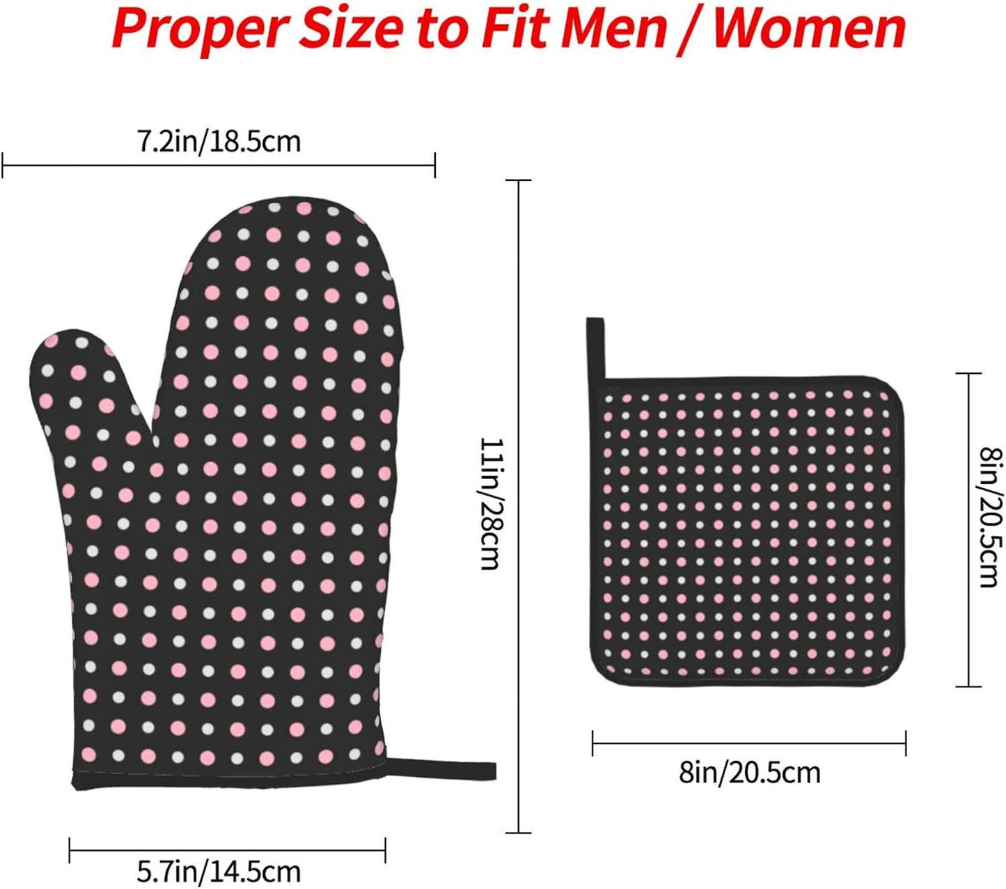 3PCS Oven Mitts and Pot Holders Sets, Black, Pink, Gray and White Dots Oven Mitts Set Heat Resistant Kitchen Microwave Gloves Safe for Baking,Cooking, BBQ