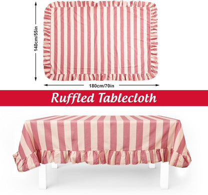JarThenaAMCS Ruffle Tablecloth Cotton Table Cloth Boho Pink Beige Striped Decorative Rectangle Table Cover for Baby Shower Home Kitchen Party Wedding Decor, 55 x 70 Inch (Includes Ruffled Edges)