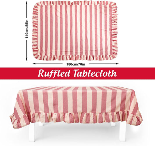 JarThenaAMCS Ruffle Tablecloth Cotton Table Cloth Boho Pink Beige Striped Decorative Rectangle Table Cover for Baby Shower Home Kitchen Party Wedding Decor, 55 x 70 Inch (Includes Ruffled Edges)