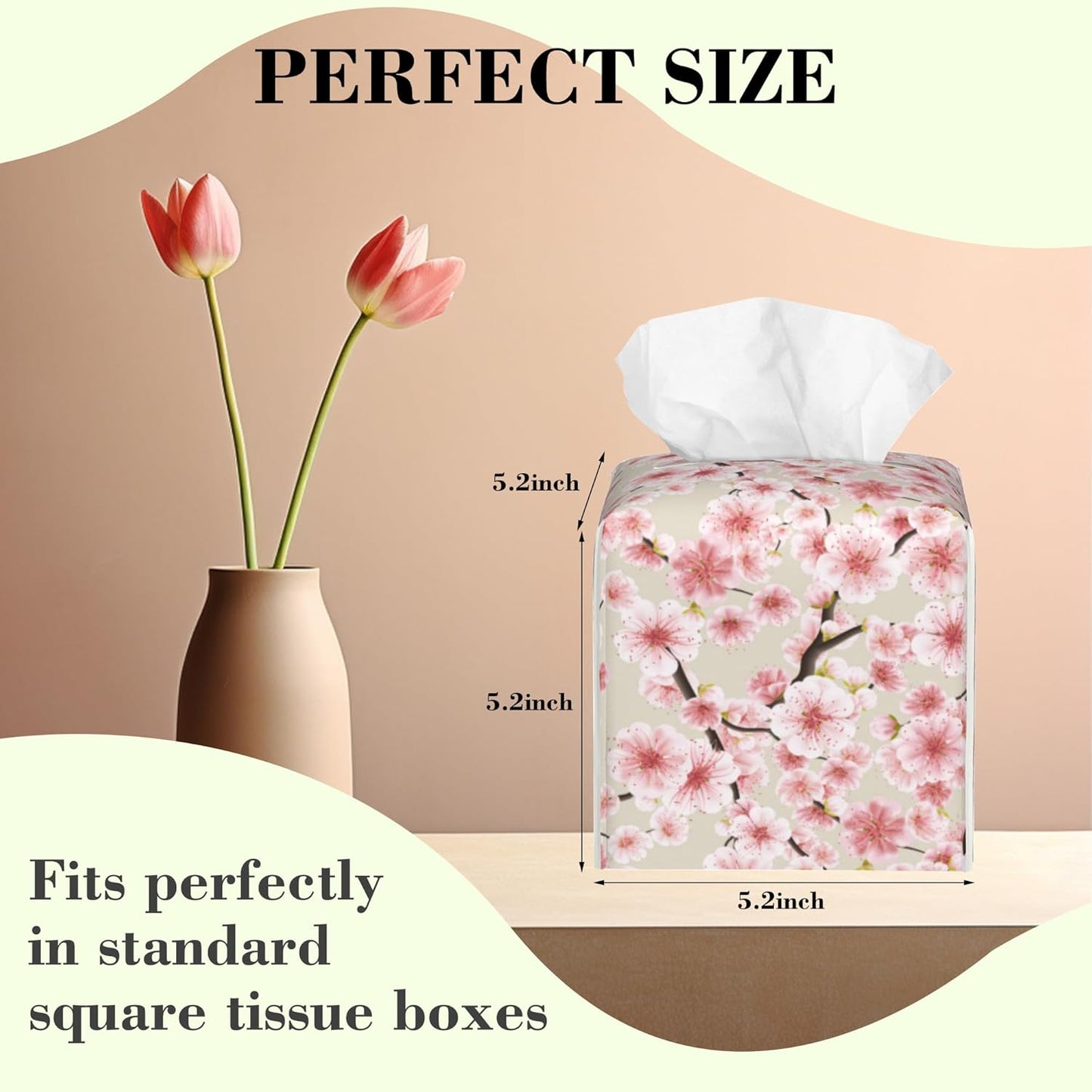Pink Cherry Blossom Tissue Box Cover Square Leather Tissue Holder Waterproof Facial Paper Organizer Dispenser Cube Paper Cover Case for Home Office Bathroom Vanity Countertop