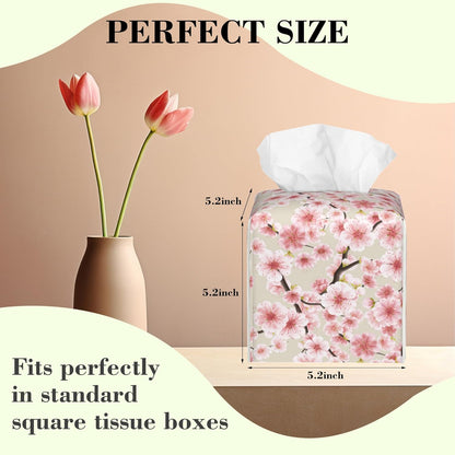 Pink Cherry Blossom Tissue Box Cover Square Leather Tissue Holder Waterproof Facial Paper Organizer Dispenser Cube Paper Cover Case for Home Office Bathroom Vanity Countertop
