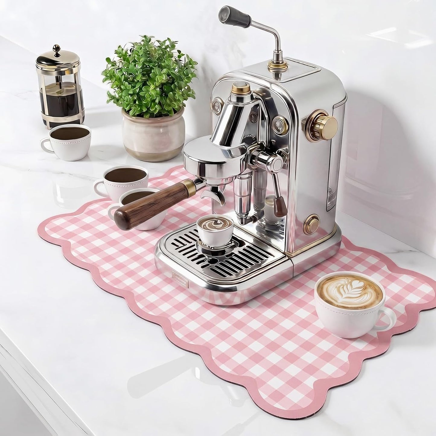 Scalloped Gingham Coffee Mat 12" x 20" Absorbent Coffee Bar Mat Gingham Espresso Matt for Counter(Pink)