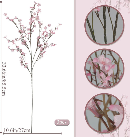 3 Pcs Cherry Blossom Branches Artificial Flowers for Spring Summer Indoor Decoration Faux Cherry Blossom Long Stems Light Pink Silk Fake Flowers for Tall Vase Arrangements Home Wedding Table