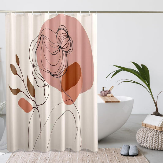 Abstract Face Line Art Shower Curtain, Peach and Brown Modern Minimalistic Waterproof Fabric Shower Curtain for Bathroom Decor, Spring Summer Home Decoration Set with Hooks 62x72 Inch