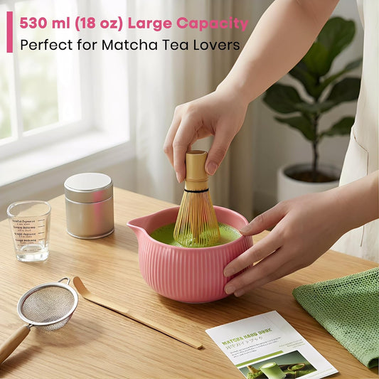 Matcha Whisk Set, 15-Pcs Ceramic Matcha Kit, Includes Matcha Bowl, Bamboo Whisk & Holder, Glass Measuring Cup, Matcha Caddy, Sifter, Scoop, Tea Towel, Tea Mat - Matcha Making Sets (pink)