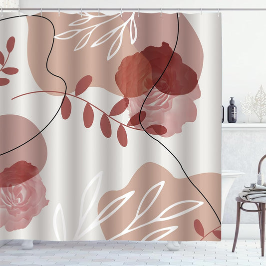Abstract Boho Pink Brown Shower Curtain Mid Century Modern Minimalistic Leaves Aesthetic Shower Curtains for Bathroom Waterproof Polyester Fabric Bath Curtain 72 x 72 Inch with 12 Hooks
