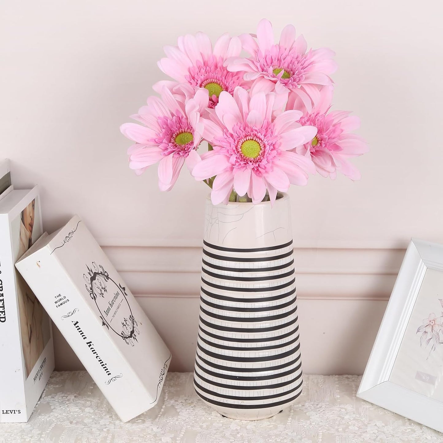 Pink Gerbera Daisy Artificial Flowers – 5PCS Real Touch Artificial Daisies with Long Stems, 26.7" Daisy Flowers Artificial for Centerpieces, Baby Showers, Wedding or Bedroom Décor