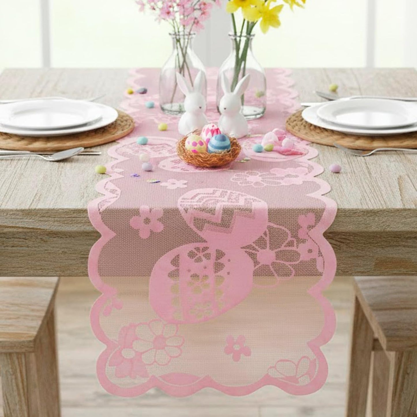Easter Lace Table Runner, 70.9x13.4 in Pink Easter Lace Table Runner for Dining
