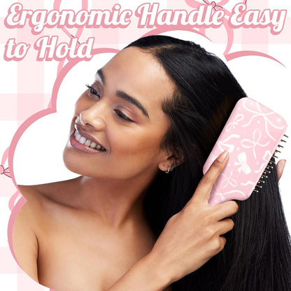Weysat Coquette Bow Paddle Hair Brush Set Cute Hair Brush Pastel Pink Detangle Tail Comb Set Bow Print Anti Static Air Cushion Wide Tooth for Women Girl Gift Soft Health and Massage Scalp