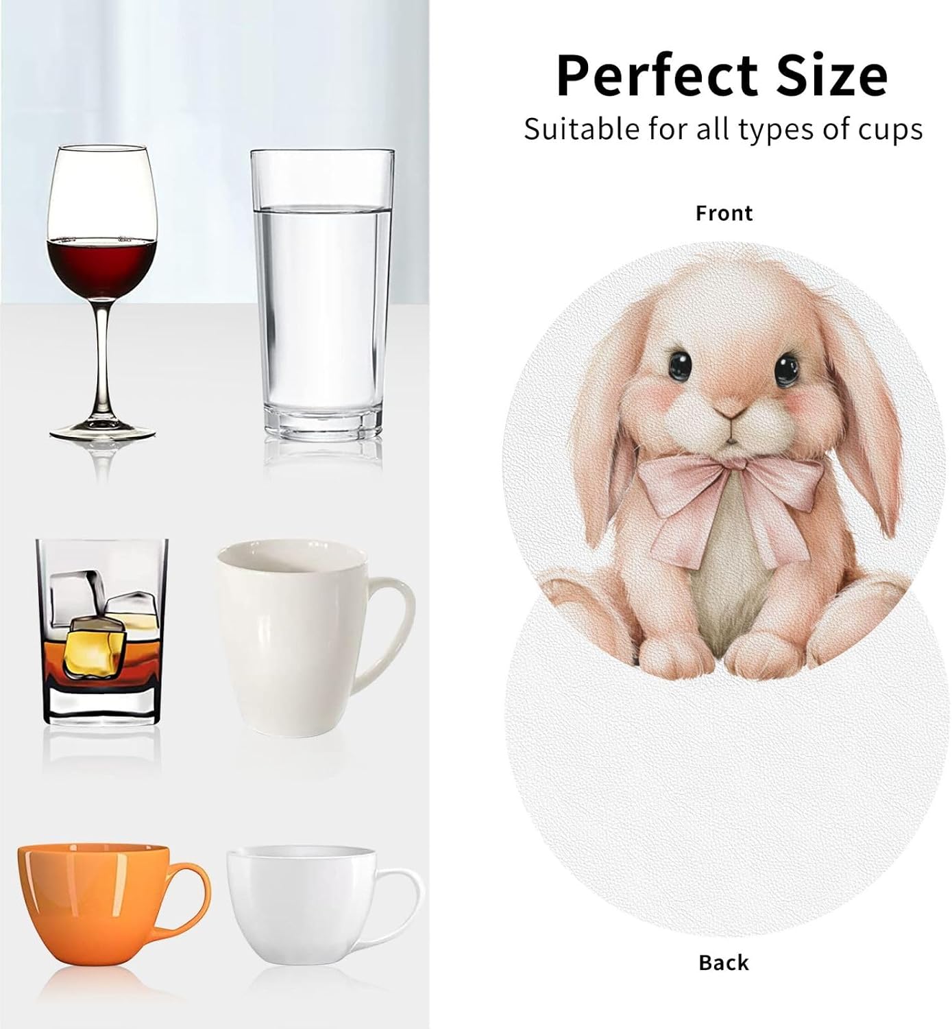 Watercolor Animal Light Pink Bunny Wearing Bow Drinks Coasters Set of 4 Leather Drink Coasters for Tabletop Protection Heat Resistant Bar Cup Mat Pad