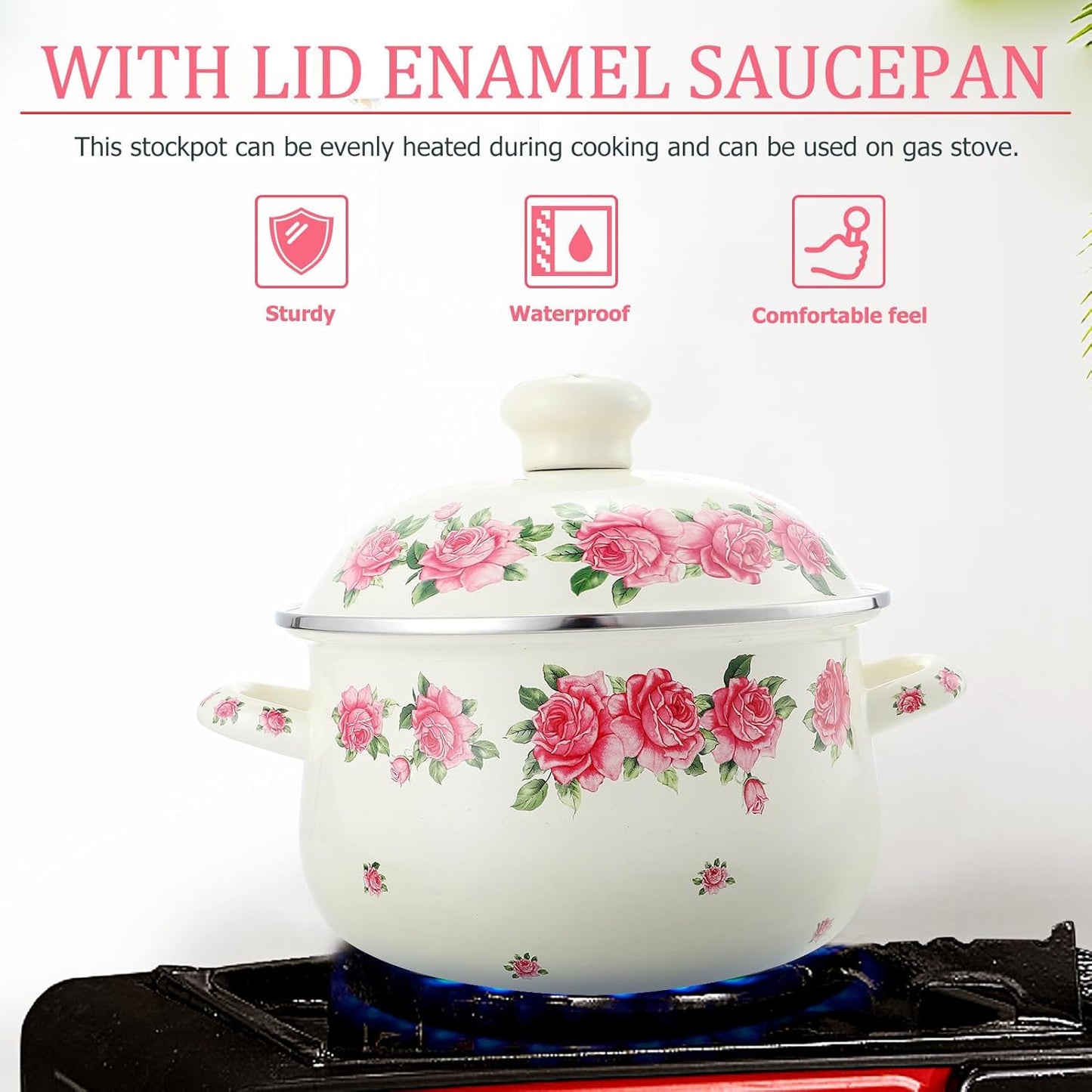 Enamel Stock Pot with Lid 20cm Pink Rose Pattern Double Handle Thickened Stew Pot for Stove Top Cooking