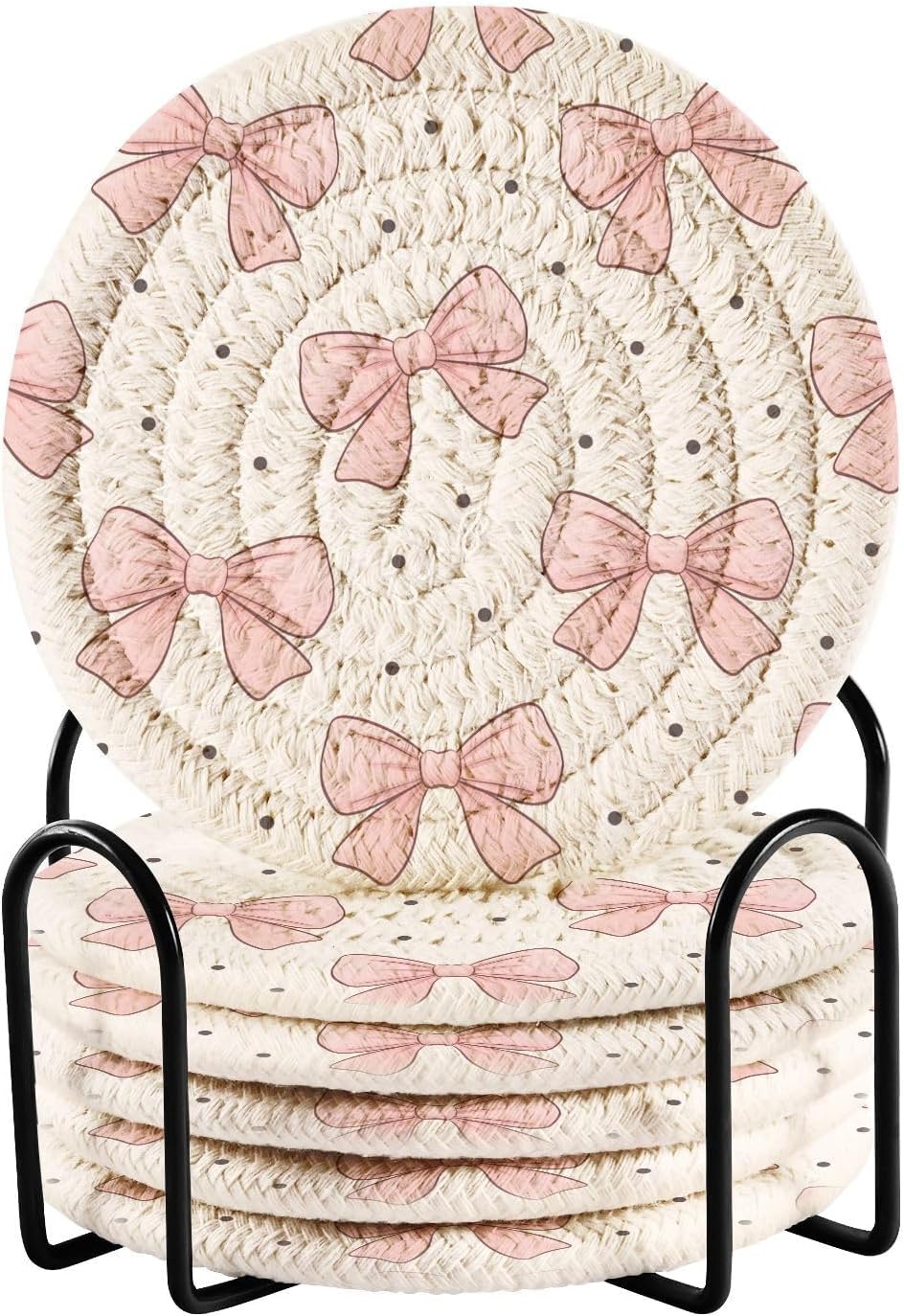 6 Pcs Bows Light Pink Drink Coasters with Holder,Round Woven Coaster Set Absorbent Coasters for Tabletop Protection Table Home Decor, 4 Inch