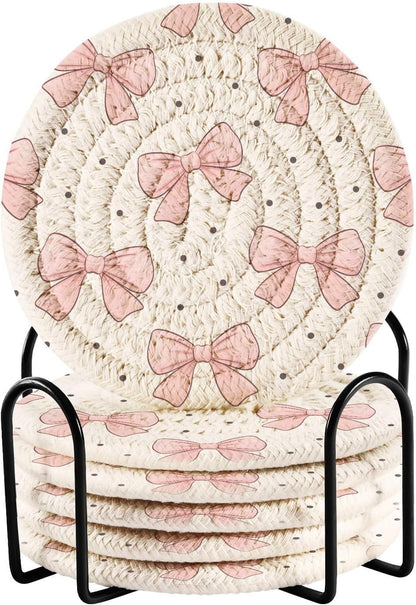 6 Pcs Bows Light Pink Drink Coasters with Holder,Round Woven Coaster Set Absorbent Coasters for Tabletop Protection Table Home Decor, 4 Inch