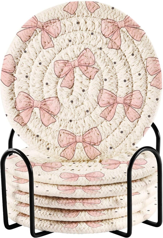 6 Pcs Bows Light Pink Drink Coasters with Holder,Round Woven Coaster Set Absorbent Coasters for Tabletop Protection Table Home Decor, 4 Inch