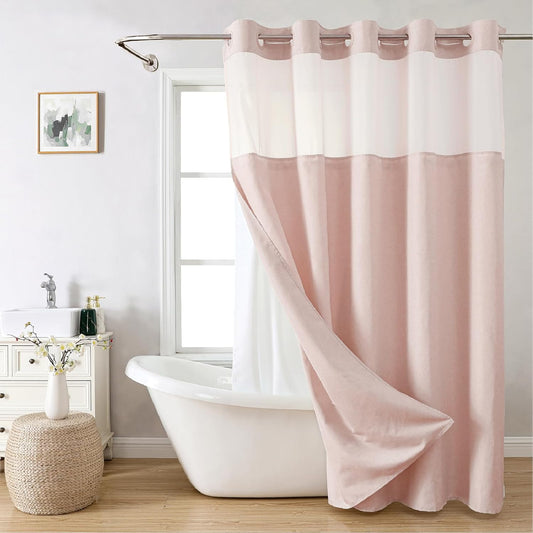 eachope Long No Hooks Needed Linen Textured Shower Curtain with Snap-in Fabric Liner Set,Blush Hotel Luxury Decor Shower Curtains for Bathroom,Waterproof & Washable,71Wx80H