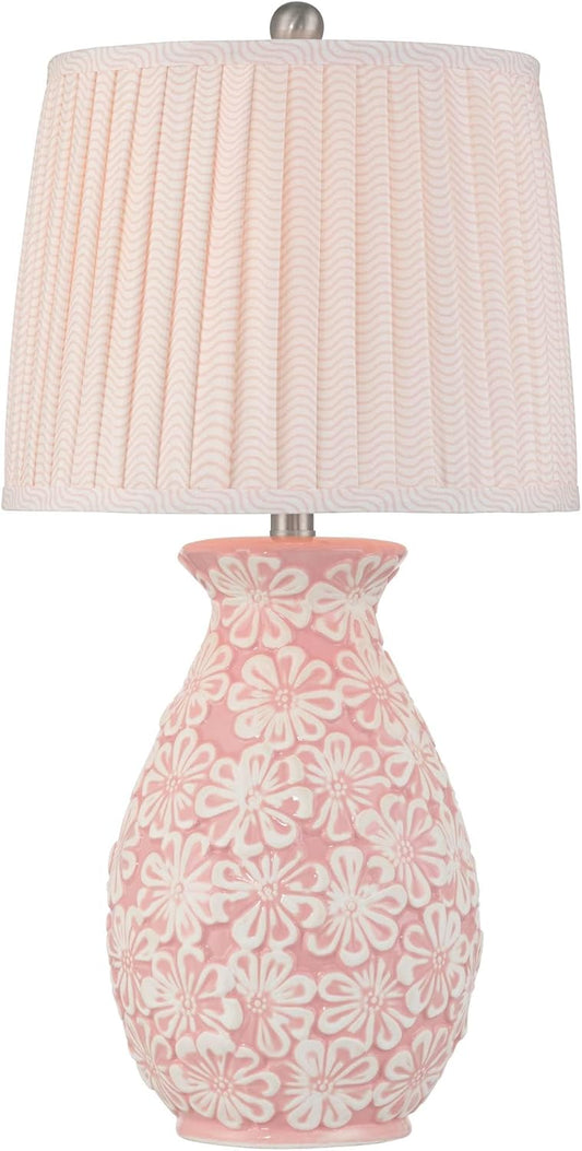 360 Lighting Buttercup 25" High Mid-Century Modern Country Cottage Ceramic 3-Way Table Lamp Pink and White Flowers Ceramic Fabric Shade Living Room Bedroom Bedside Nightstand House Office Home