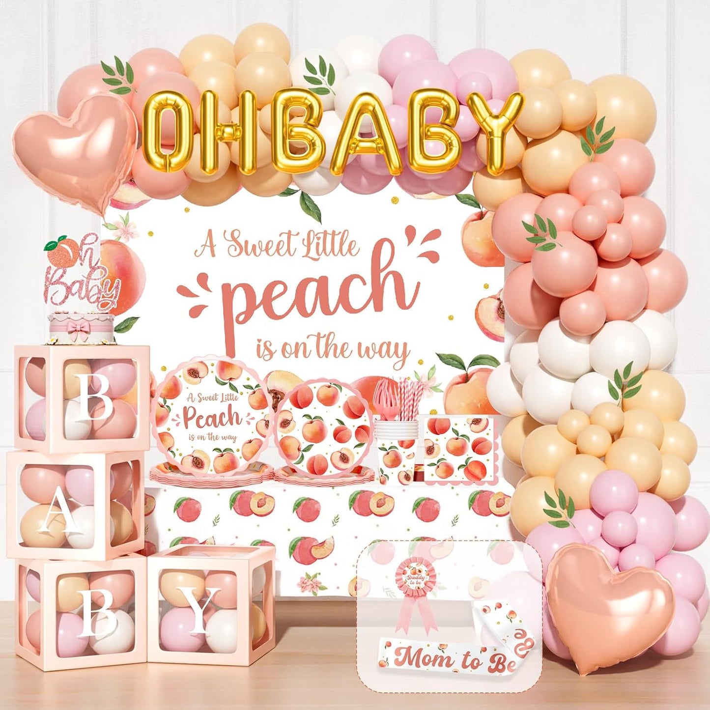 Party Inspo Peach Baby Shower Decorations, A Sweet Little Peach Is on the Way Party Supplies with Backdrop, Balloon Garland, Boxes, Tableware Set for Girls Summer Themed Party