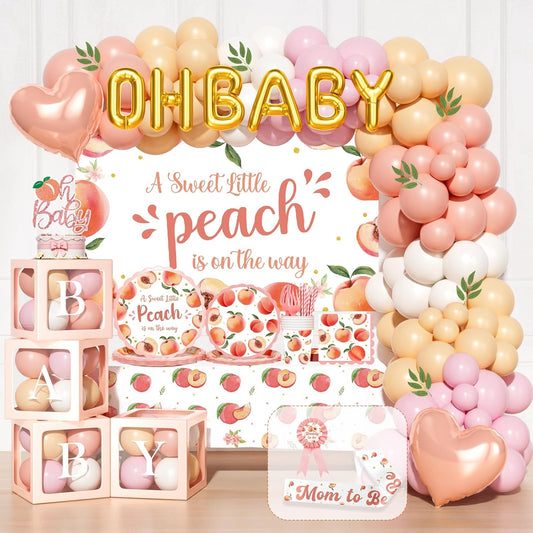 Party Inspo Peach Baby Shower Decorations, A Sweet Little Peach Is on the Way Party Supplies with Backdrop, Balloon Garland, Boxes, Tableware Set for Girls Summer Themed Party