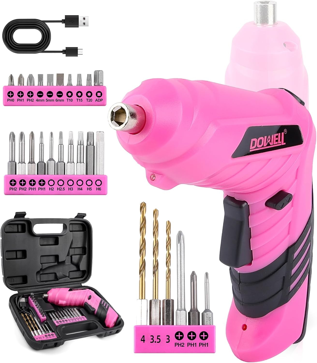 DOWELL Power Electric Cordless Screwdriver Set Rechargeable 3.6V Power Screwdriver Kit Tools for Women with 28pcs Accessories, Pink