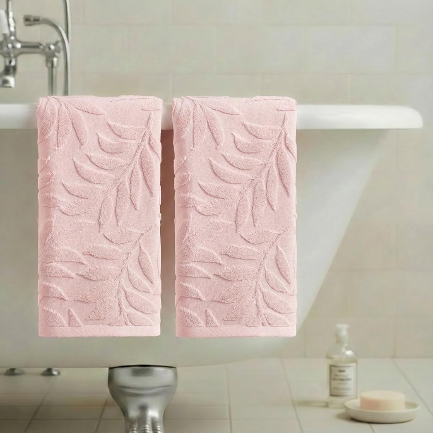 Artoid Mode 2 Pcs Pink 3D Leaves Jacquard Hand Towels for Bathroom, 100% Cotton Soft Absorbent Bathroom Decor Towels, 13.7 x 29.5 Inch
