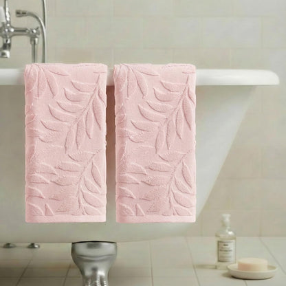 Artoid Mode 2 Pcs Pink 3D Leaves Jacquard Hand Towels for Bathroom, 100% Cotton Soft Absorbent Bathroom Decor Towels, 13.7 x 29.5 Inch