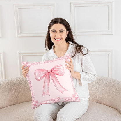 Manfei Bowknot Kids Throw Pillow Cover Retro Victorian Damask Flowers Pillowcase Soft Square Cushion Case Dreamy Ribbon Bow Double Sides Pillow Case Light Pink Couch Sofa Cushion Cover,1 Pack 16"x16"