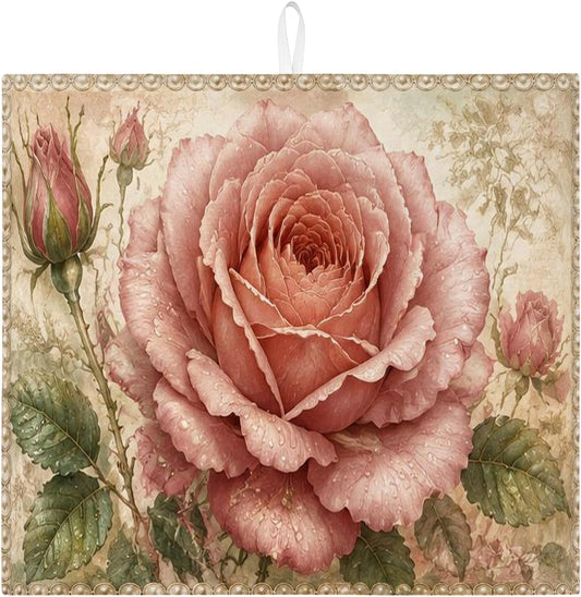Vintage Peach Floral Dish Drying Mats for Kitchen Counter, Rose Absorbent Dish Drainer Rack Mat, Spring Microfiber Drying Pad for Coffee Bar Protector 16x18 Inch
