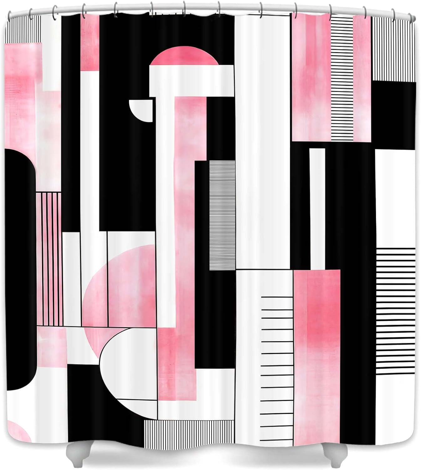 Pink Geometric Shower Curtain, Boho Abstract Striped Neutral Bathroom Curtain, Modern Minimalist Mid Century Aesthetic Bath Curtains Decor Waterproof Polyester Fabric with 12 Hooks, 47x72 in