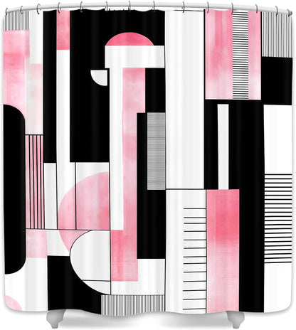 Pink Geometric Shower Curtain, Boho Abstract Striped Neutral Bathroom Curtain, Modern Minimalist Mid Century Aesthetic Bath Curtains Decor Waterproof Polyester Fabric with 12 Hooks, 47x72 in
