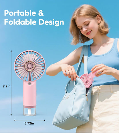 Portable Personal Misting Fan, Handheld Rechargeable Cooling Fan, 3-Speed, Suitable for Travel, Beach and Office Use Pink