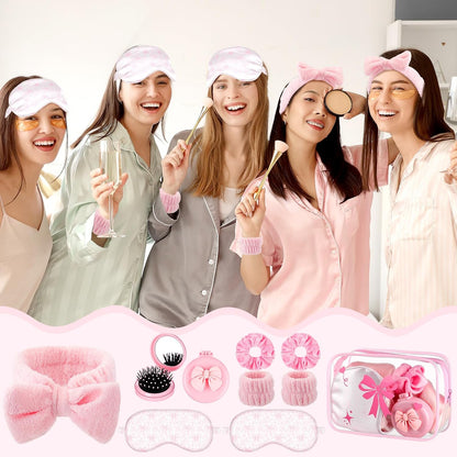 Honeydak 48 Pcs/ 8 Set Pink Bow Coquette Party Favors for Sleepover Spa Party Supplies Trip Weekend Girls Gifts, Folding Hairbrush with Mirror Eye Mask Headband Wristband Scrunchie Makeup Bag