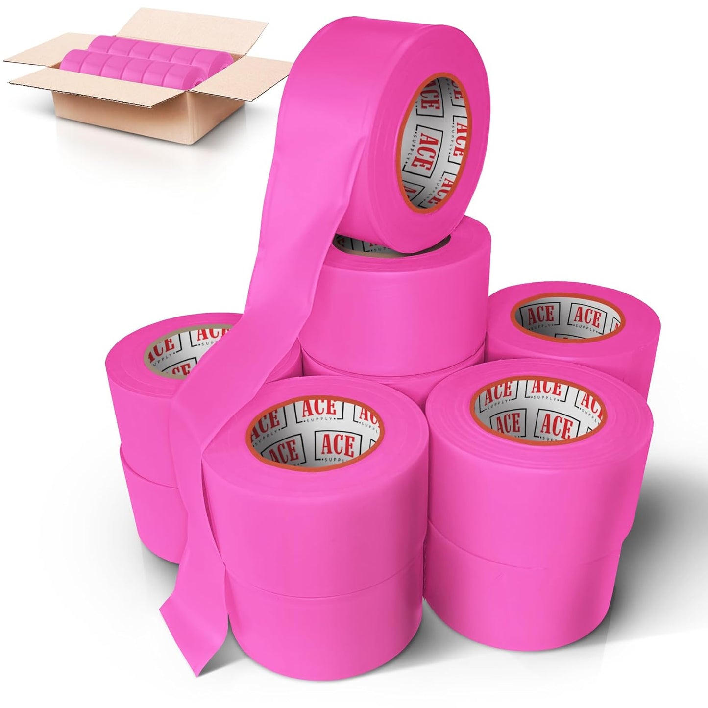 ACE Supply Pink Flagging Tape 12 Pack - Non-Adhesive Survey Tape - 1-3/16 Inch Width, 150 Ft Length, 2 Mil - Tree Marking Ribbon, Surveyors Ribbon