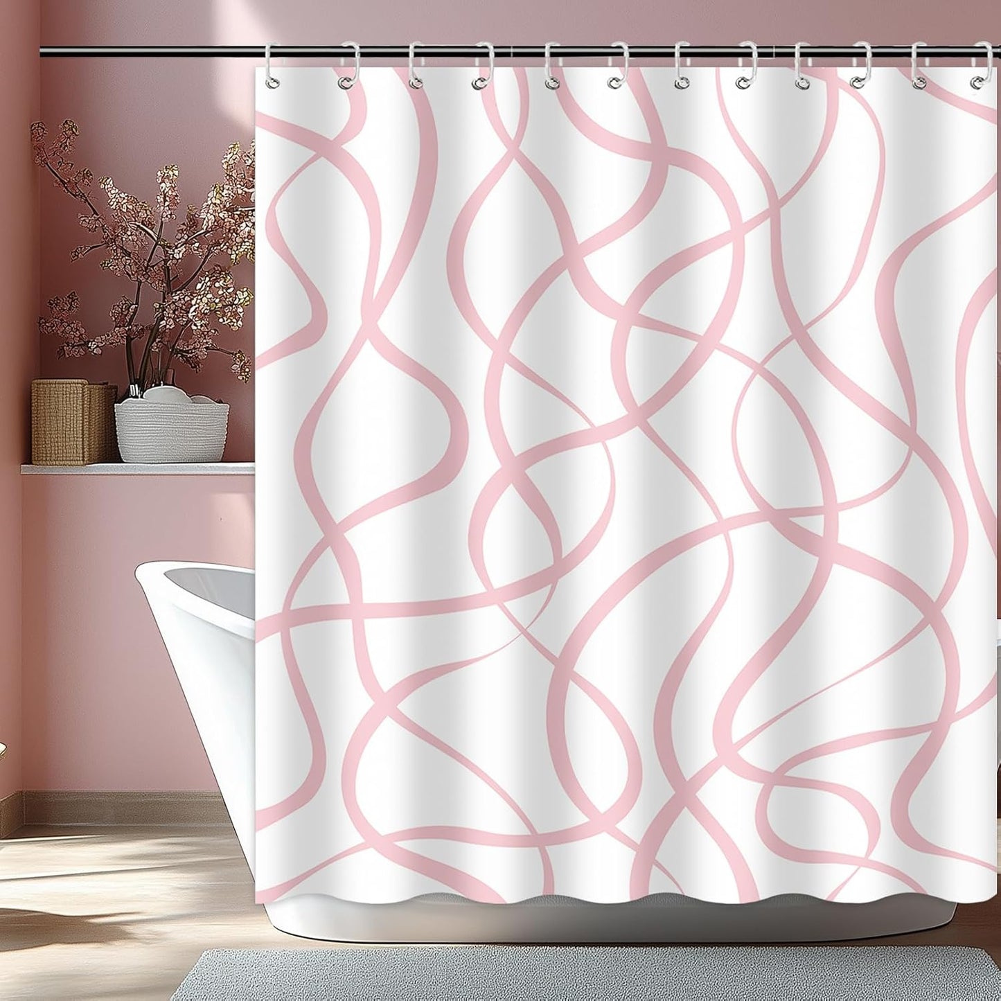 Mocsicka Pink Striped Shower Curtain with 12 Hooks Modern Abstract Wavy Pink Shower Curtain for Girls Women Waterproof Fabric Bath Curtain, 72 x 72 Inch