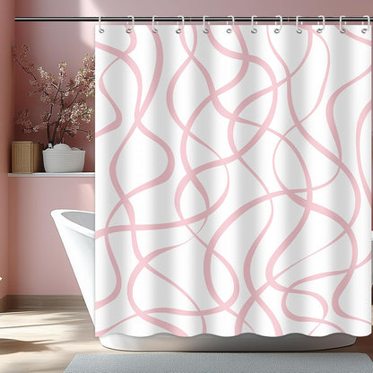 Mocsicka Pink Striped Shower Curtain with 12 Hooks Modern Abstract Wavy Pink Shower Curtain for Girls Women Waterproof Fabric Bath Curtain, 72 x 72 Inch