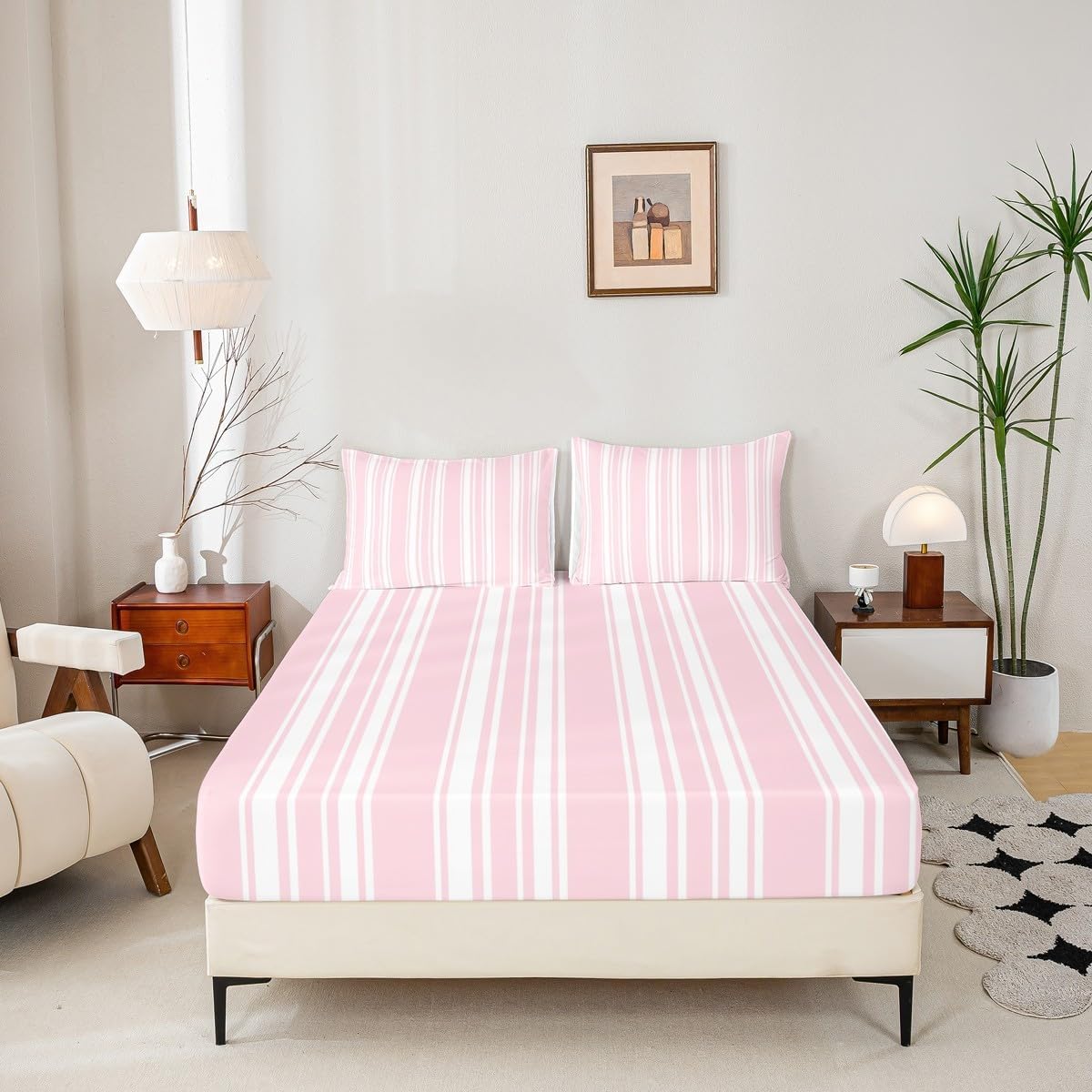 Pink Stripe Girls Fitted Sheet Twin Size,Modern Striped Woman Bedding Set,Minimalist and Neutral Style Bed Sheets 2 Pieces (No Flat Sheet),Farmhouse Fashion Deep Pocket Sheet,1 Pillowcase