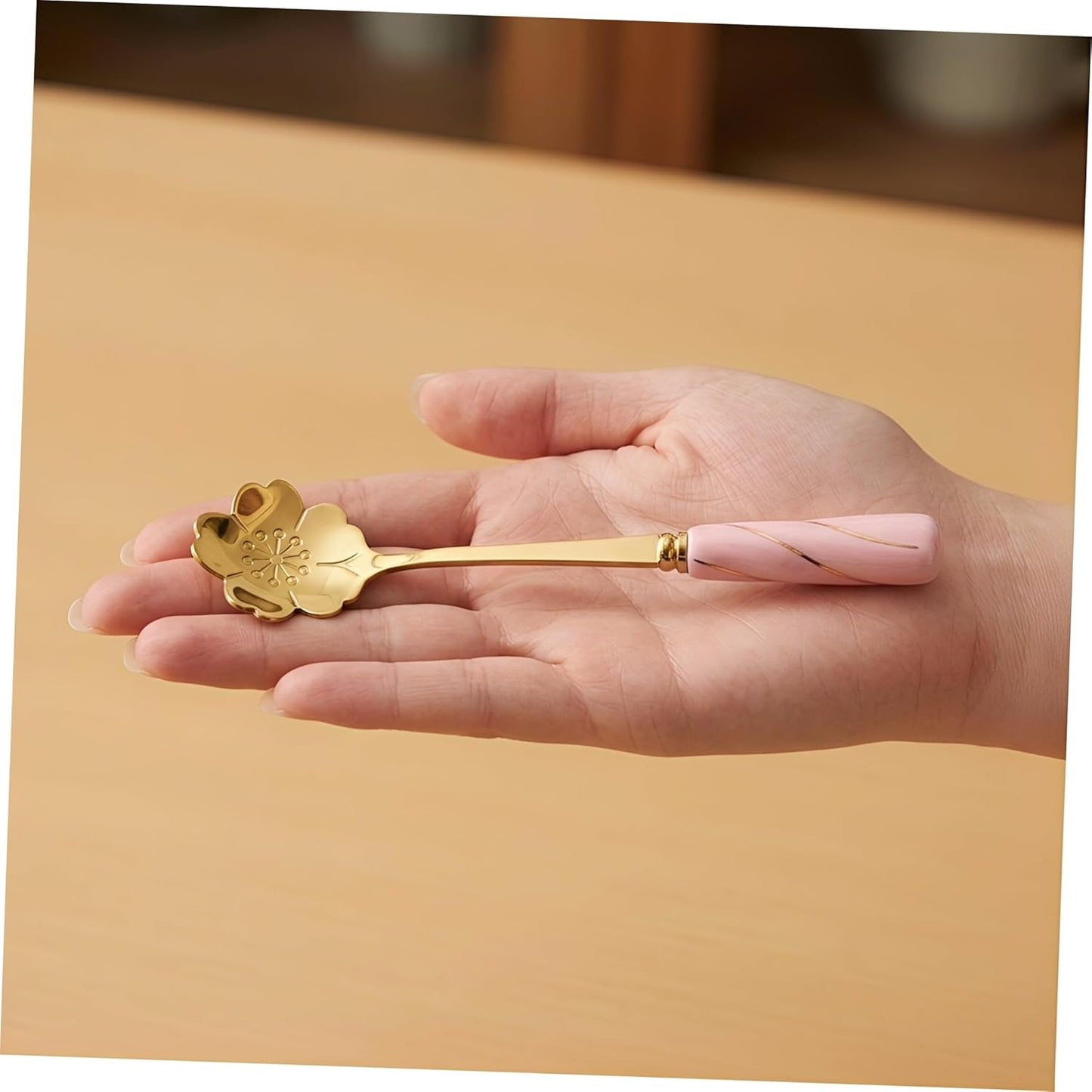 Ipetboom 4pcs Dessert Spoons with Ergonomic Ceramic Handles Multipurpose Flower Design Coffee and Cake Spoons for Household Kitchen Use Pink Gold Cherry Blossom