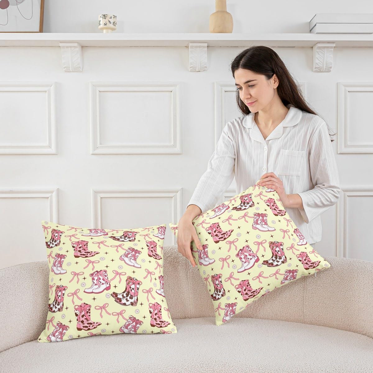 Cowgirl Western Cushion Covers Girly Bow Cushion Cases 24X24 Inch Pink Bowknot Cow Throw Pillow Covers For Living Room Sofa Accent Home Decor Yellow Farmhouse Cowboy Rustic Pillow Inserts Not Included