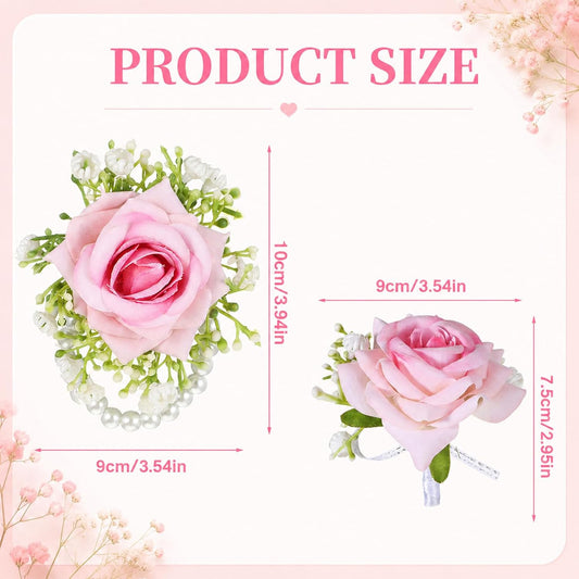 2 Pcs Corsage and Boutonniere Set, Pink Corsage Wristlet for Wedding | Wristlet Boutonniere for Men Band Pearl Bracelet Wedding Flower Accessories for Wedding Prom Party Suit Decoration