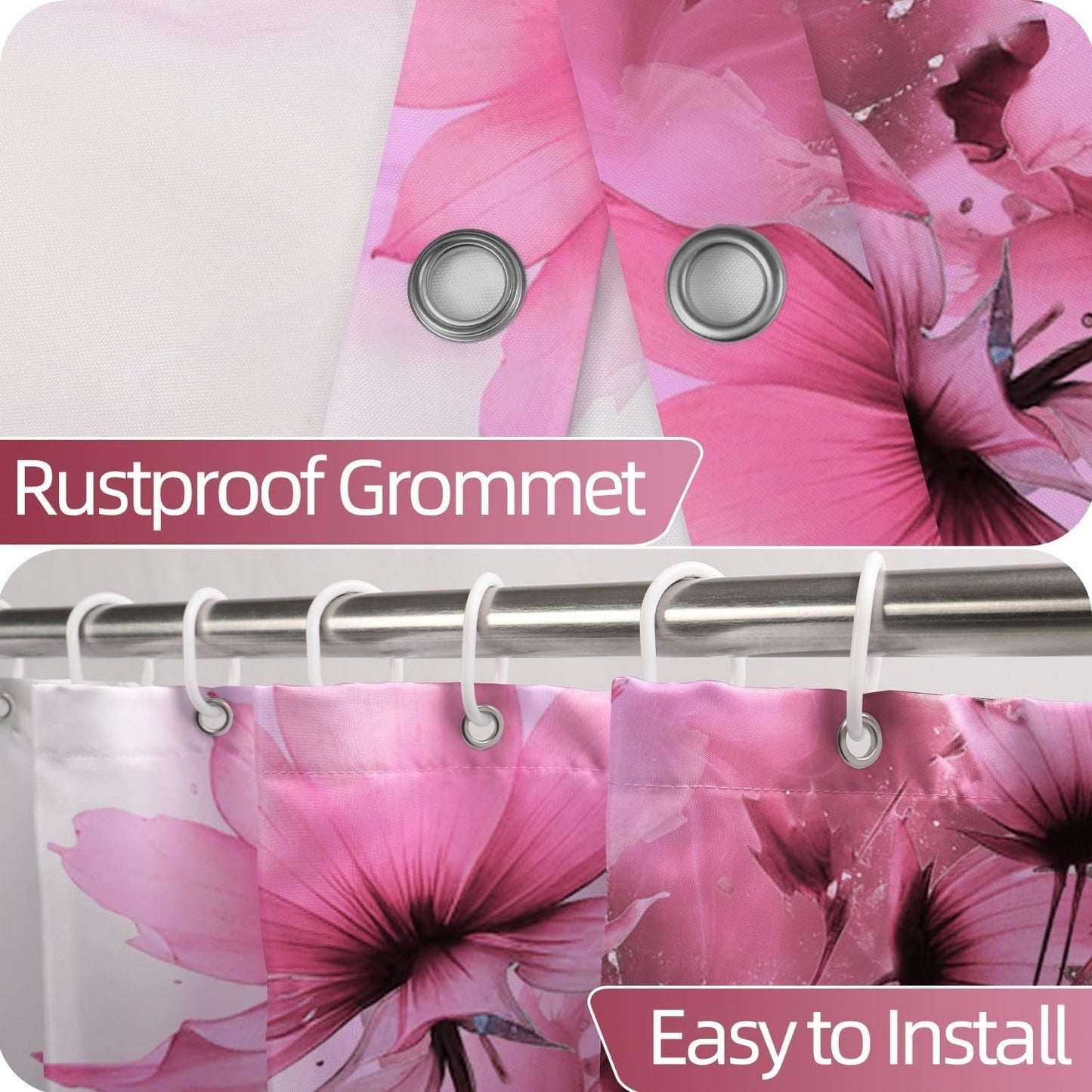 Floral Shower Curtain for Bathroom Pink Flowers Fabric Shower Curtain Set with Hooks Waterproof Machine Washable Marble Curtain 72" Wx72 L