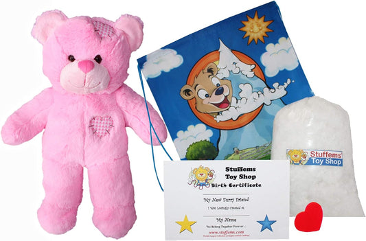 Stuffems Toy Shop Make Your Own Stuffed Animal 16" "Pink Patches Bear - No Sew - Kit with Cute Backpack!