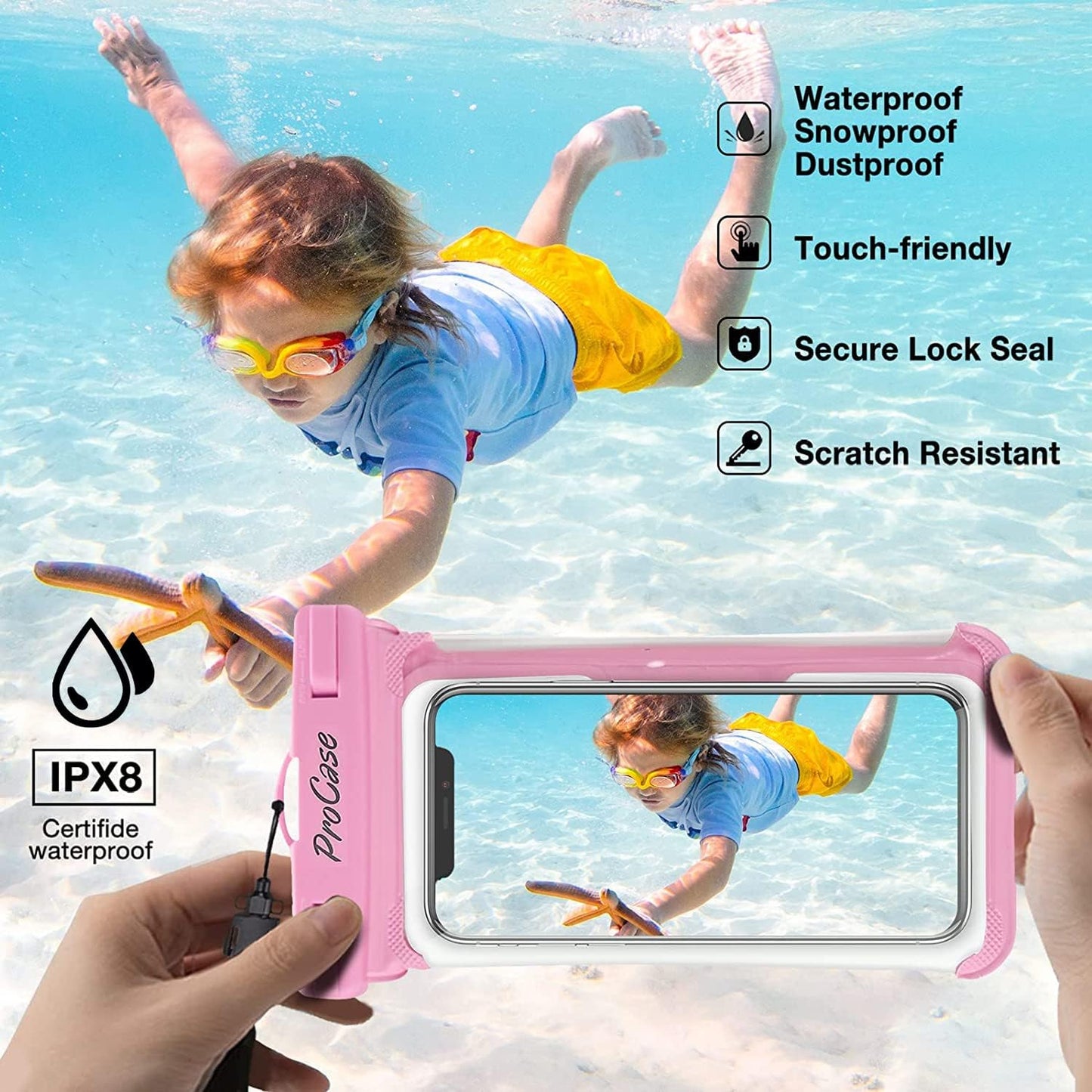 ProCase 2 Pack Waterproof Phone Pouch, Underwater Phone Case Up to 7", Dry Bag for iPhone 17 Air 16 15 14 13 Pro Plus Max, Galaxy S24 S23 S22 Ultra Pixel, Beach Essentials -Pink & Black