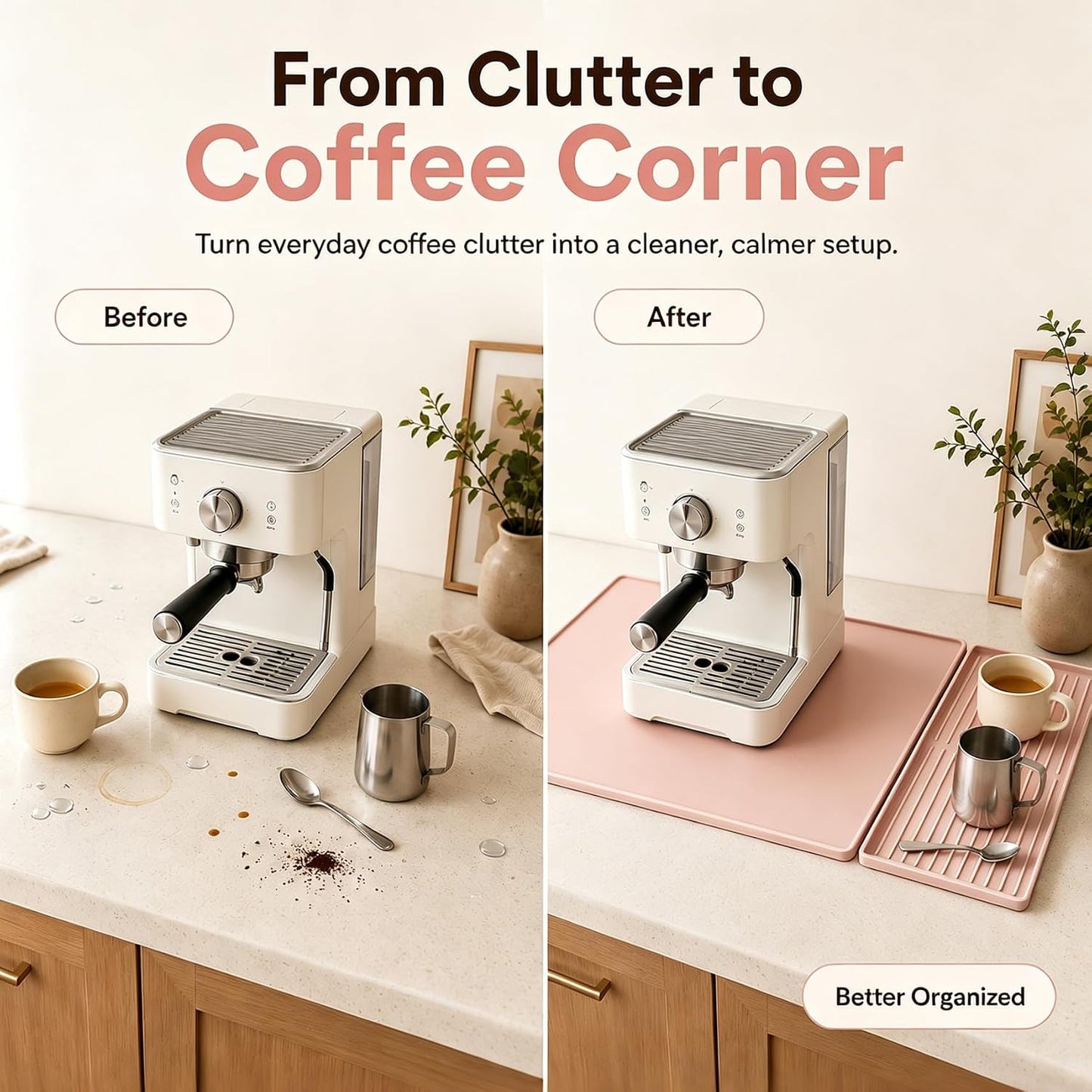 Silicone Coffee Bar Mat 24 x 16 in with Drying Tray, Soft Pink | 24 x 16 in food-grade silicone mat for home/coffee bar; removable tray, raised rim, smooth base adds grip, heat insulation