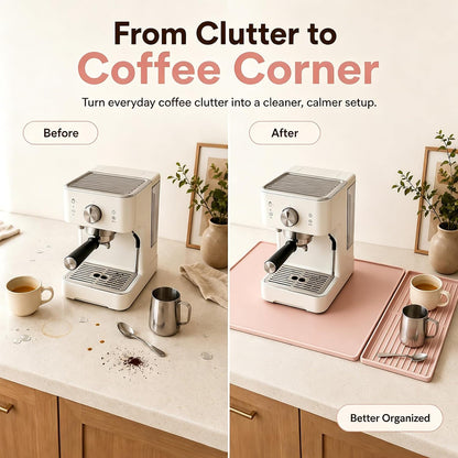 Silicone Coffee Bar Mat 24 x 16 in with Drying Tray, Soft Pink | 24 x 16 in food-grade silicone mat for home/coffee bar; removable tray, raised rim, smooth base adds grip, heat insulation