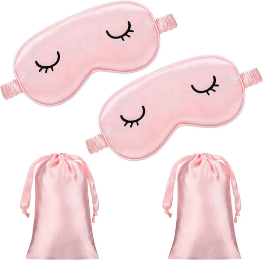 Geyoga 2 Pcs Cute Sleep Eye Masks for Adult Silk Sleep Eye Cover Cute Lightweight Adjustable Eyeshade Mask Satin Night Eyeshade Covers with 2 Pcs Storage Bag(Adult, Pink)