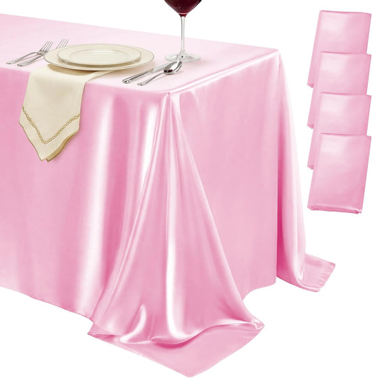 4 Pack Pink Satin Tablecloth 58 x 102 Inches, Rectangular Satin Table Cloths for Wedding Reception, Birthday Party, Graduation & Holiday Banquet Tables