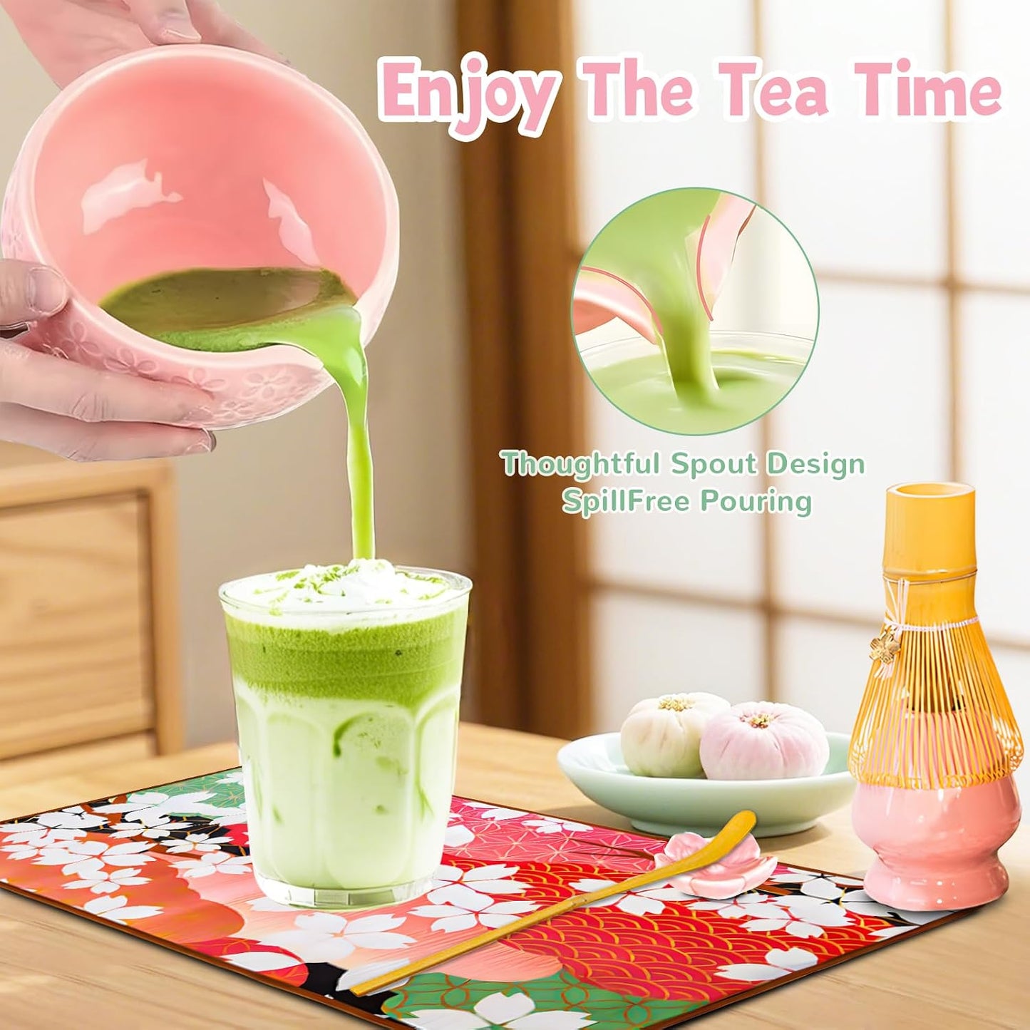 8 Pcs Matcha Whisk Set: Pink Matcha Tea Set Includes Ceramic Bowl, Whisk and Holder, Bamboo Scoop, Scoop Rest, Sifter and Tea Towel - Matcha Making Kit for Matcha Lovers