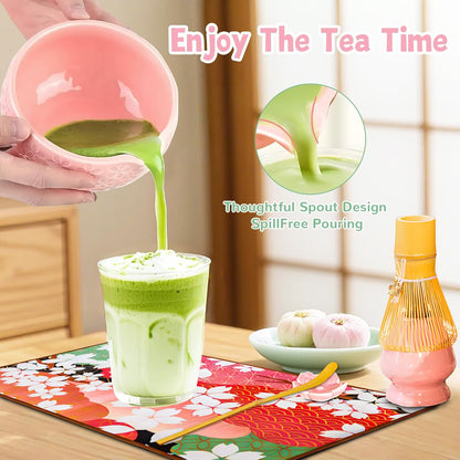 8 Pcs Matcha Whisk Set: Pink Matcha Tea Set Includes Ceramic Bowl, Whisk and Holder, Bamboo Scoop, Scoop Rest, Sifter and Tea Towel - Matcha Making Kit for Matcha Lovers