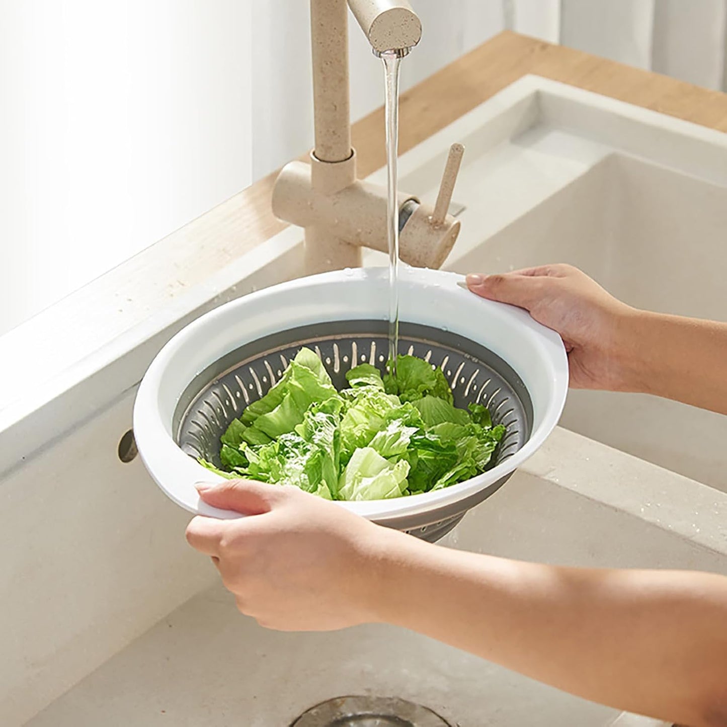 Collapsible Kitchen Colander and Strainer Set - Round Folding Food Strainer, Space-Saving Silicone Colander for Pasta, Vegetables & Fruits, Dishwasher-Safe Colander, Easy Storage Colander for Kitchen